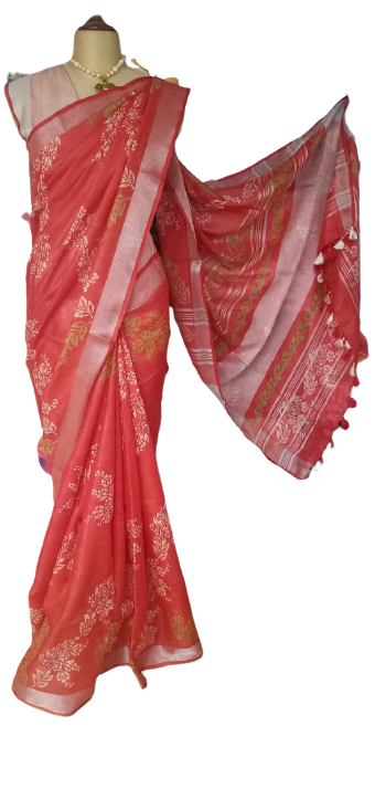 Linen Hand Block Printed Saree SILK ZONE
