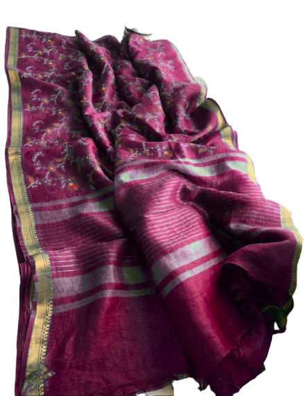 Silk Linen Embroidery Saree M J HANDLOOMS