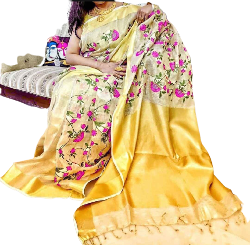 Silk Linen Embroidery Saree M J HANDLOOM