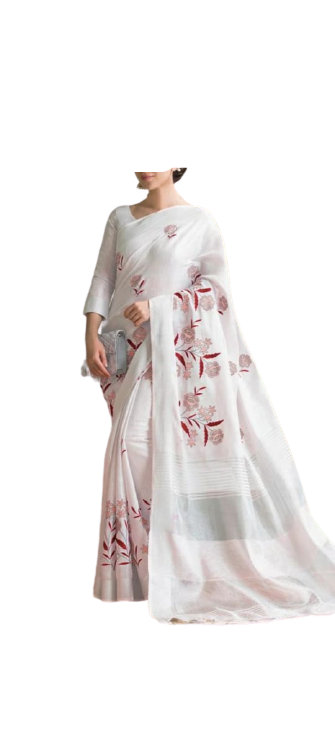 Pure Linen Embroidery Saree M J HANDLOOM