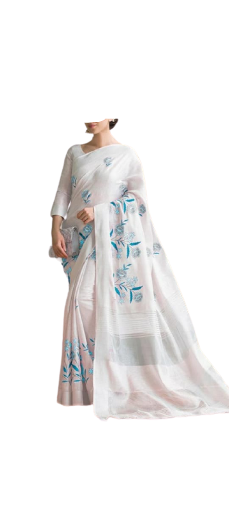 Pure Linen Embroidery Saree M J HANDLOOMS