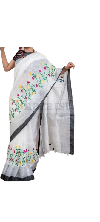Pure Linen Embroidery Saree M J HANDLOOM