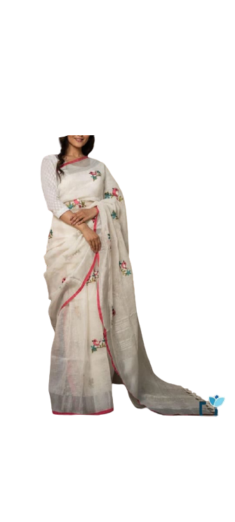 Pure Linen Embroidery Saree M J HANDLOOM