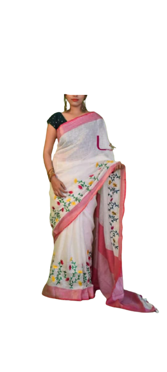 Pure Linen Embroidery Saree M J HANDLOOMS