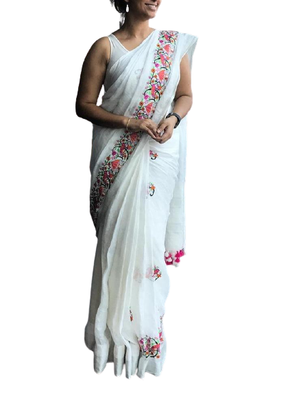 Pure Linen Embroidery Saree M J HANDLOOMS