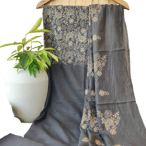 Pure Tussar Munga Embroidery Silk Suit M J HANDLOOMS