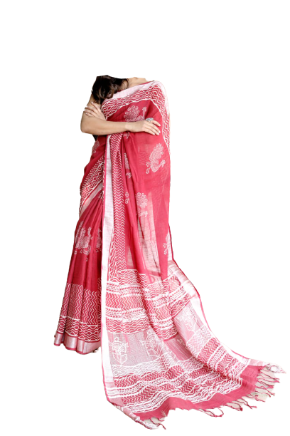 Khadi linen block print saree SILK ZONE