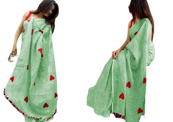 Linen embroidery heart design saree SILK ZONE