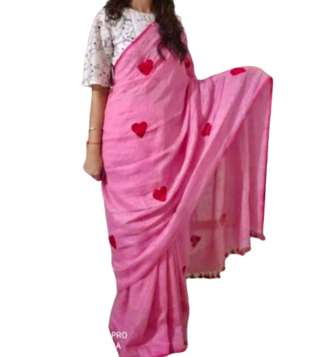 Linen embroidery heart design saree SILK ZONE