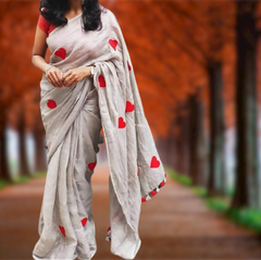 Linen embroidery heart design saree SILK ZONE