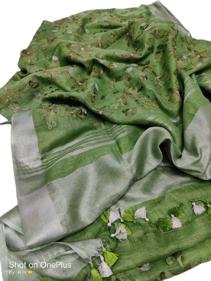 Pure silk linen embroidery saree SILK ZONE