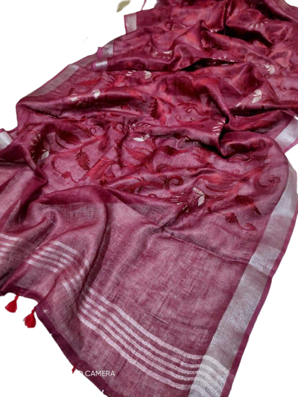 Pure silk linen embroidery saree SILK ZONE