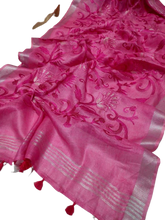 Pure silk linen embroidery saree SILK ZONE