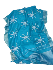 Pure silk linen embroidery saree SILK ZONE