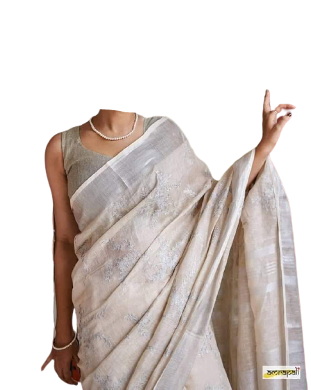 Pure silk linen embroidery saree SILK ZONE