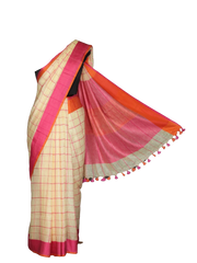 Linen slub cream check saree with orange blouse INDIA SILK P.W.C.S. LTD
