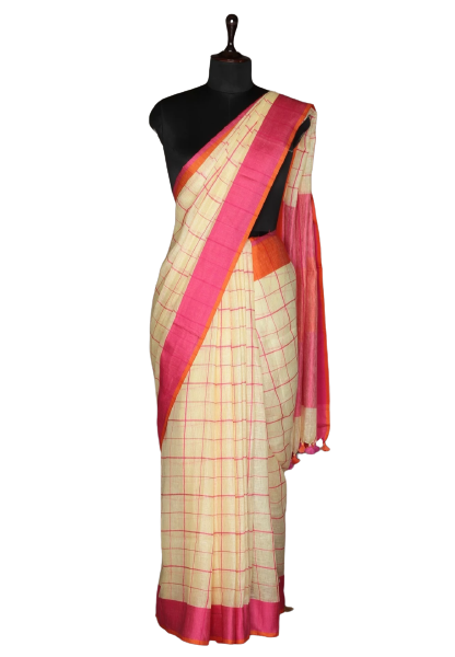 Linen slub cream check saree with orange blouse INDIA SILK P.W.C.S. LTD