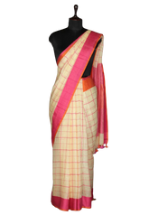 Linen slub cream check saree with orange blouse INDIA SILK P.W.C.S. LTD