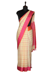 Linen slub cream check saree with orange blouse INDIA SILK P.W.C.S. LTD