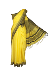 Cotton Art silk black Temple border yellow saree with black yellow lining blouse INDIA SILK P.W.C.S. LTD