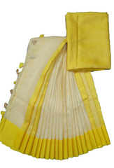 LINEN SAREE 3 INCH YELLOW BORDER CREAM BODY INDIA SILK P.W.C.S. LTD