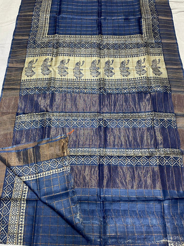 Tussar Silk Hand Block Pirnt Saree