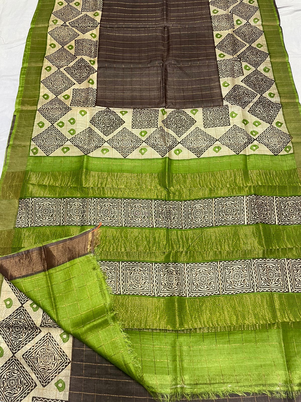 Tussar Silk Hand Block Pirnt Saree