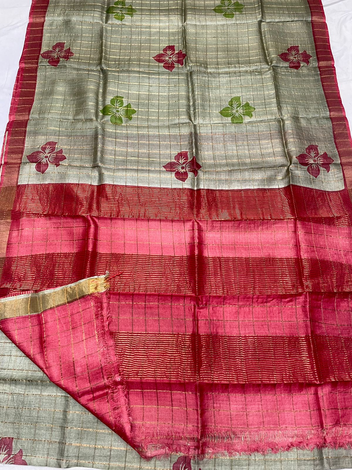 Tussar Silk Hand Block Pirnt Saree