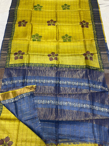 Tussar Silk Hand Block Pirnt Saree