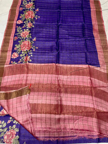 Tussar Silk Hand Block Pirnt Saree