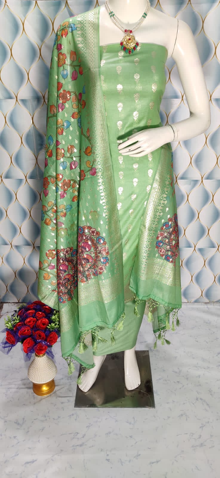 Top and dupatta fabric banarasi chandari silk dovi suit resam work