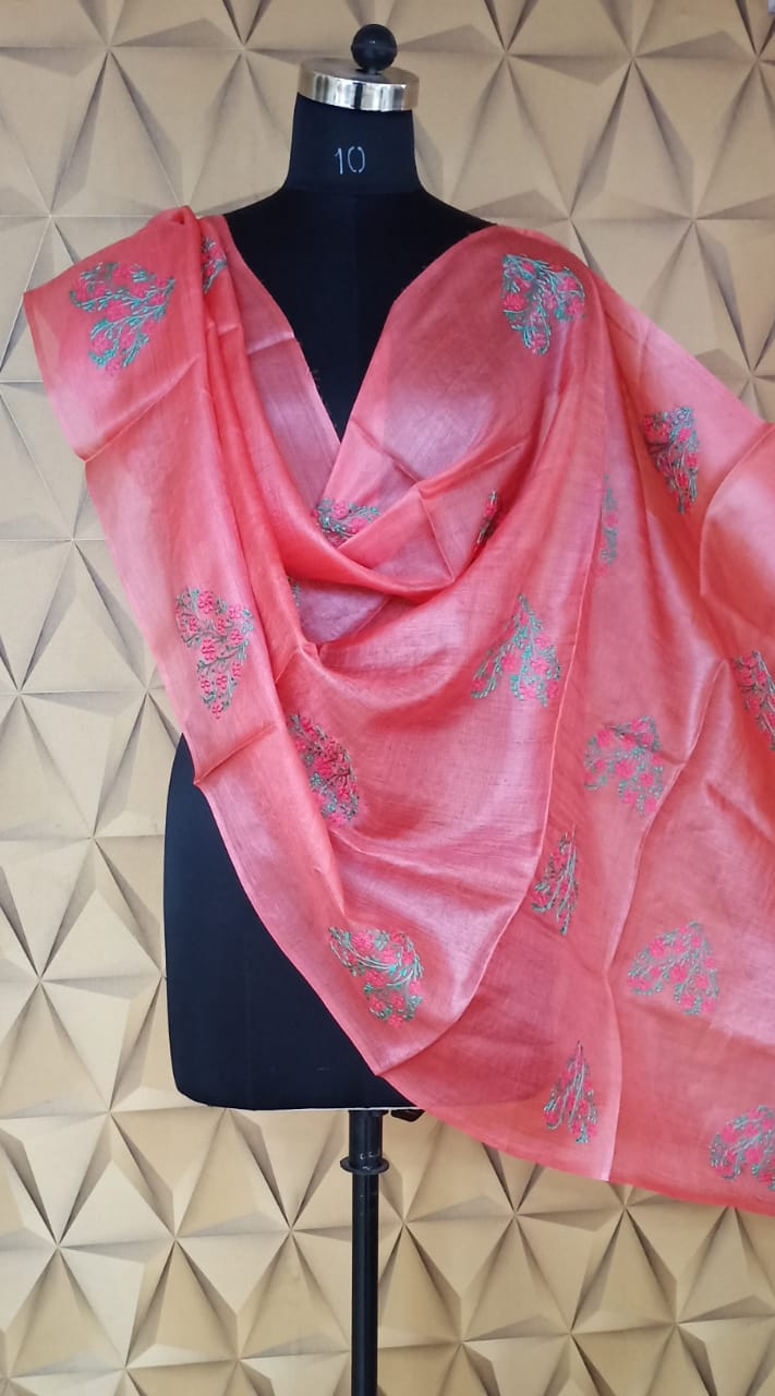 Tussar silk embroidery dupatta silkzon.in