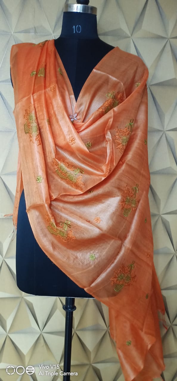 Tussar silk embroidery dupatta silkzon.in