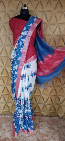 Khadi linen digital print saree silkzon.in