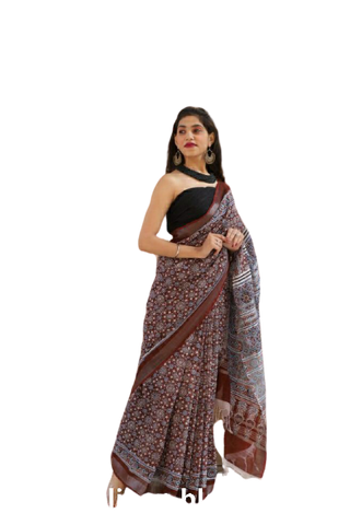 Khadi linen block print saree SILK ZONE