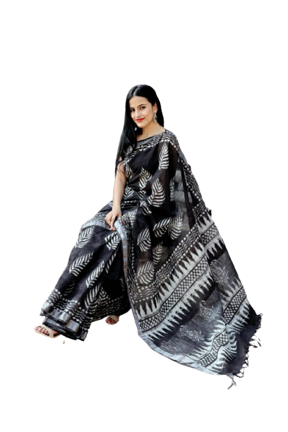 Khadi linen block print saree SILK ZONE