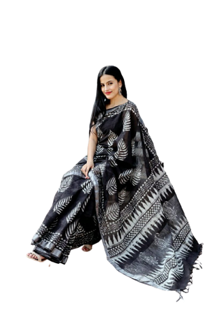 Khadi linen block print saree SILK ZONE