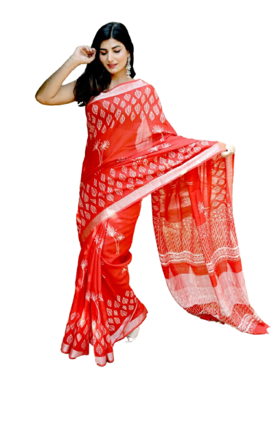 Khadi linen block print saree SILK ZONE