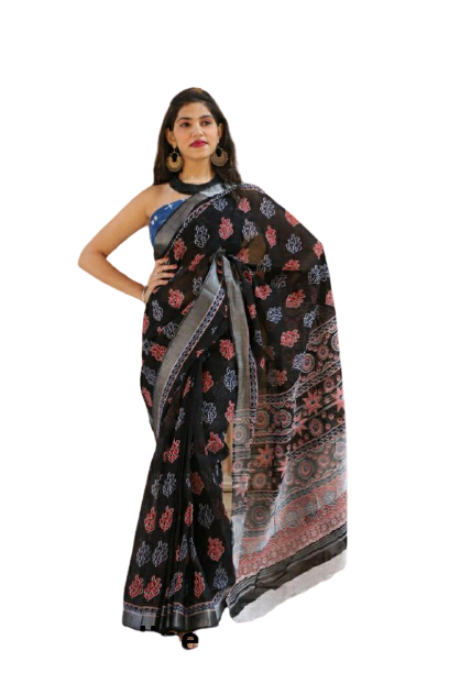 Khadi linen block print saree SILK ZONE