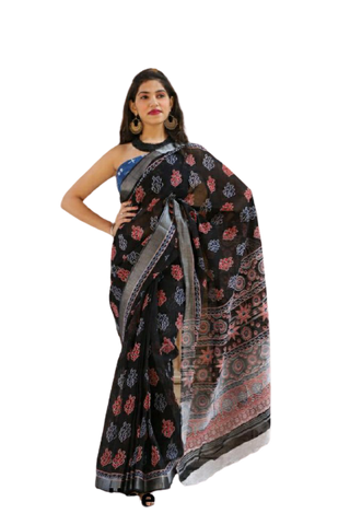 Khadi linen block print saree SILK ZONE