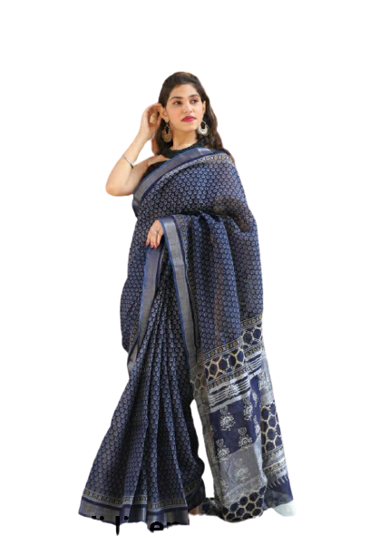 Khadi linen block print saree SILK ZONE