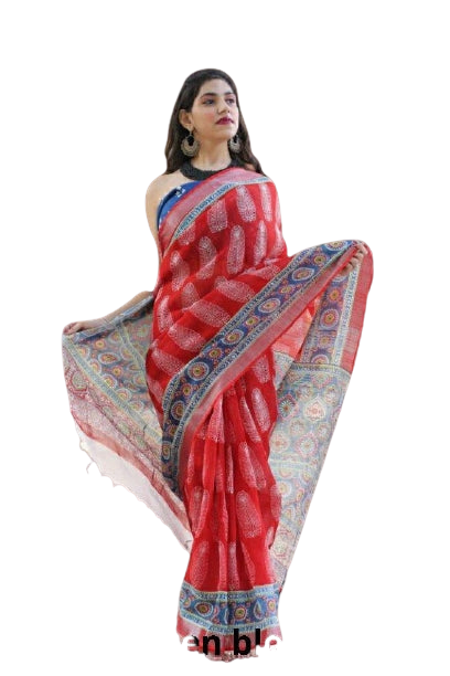 Khadi linen block print saree SILK ZONE