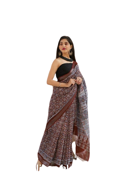 Khadi linen block print saree SILK ZONE