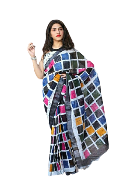 Khadi linen block print saree SILK ZONE