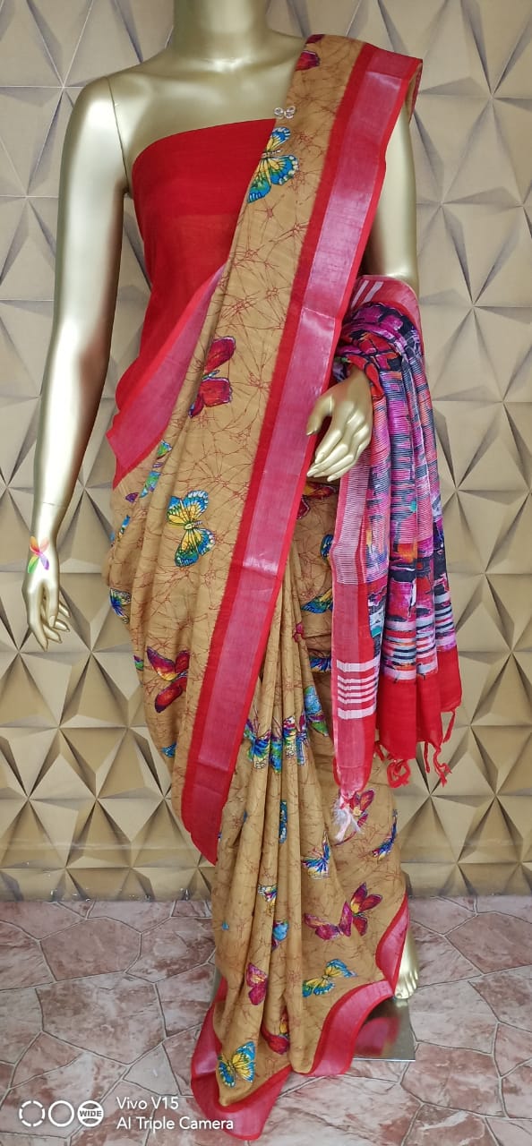 Khadi linen print saree silkzon.in