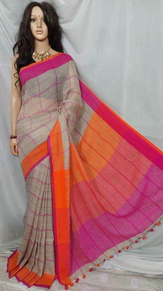 Linen check saree silkzon.in