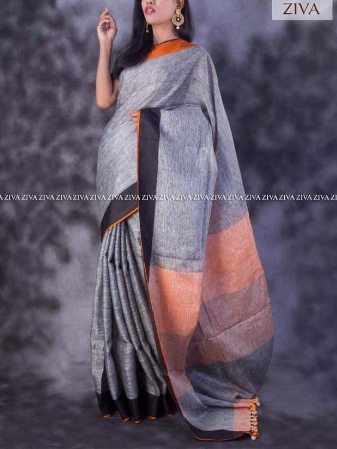 Plain linen saree silkzon.in