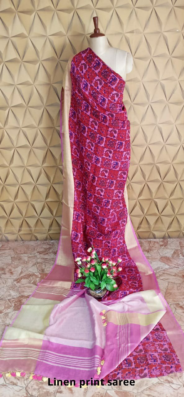 Pure linen print saree SILK ZONE
