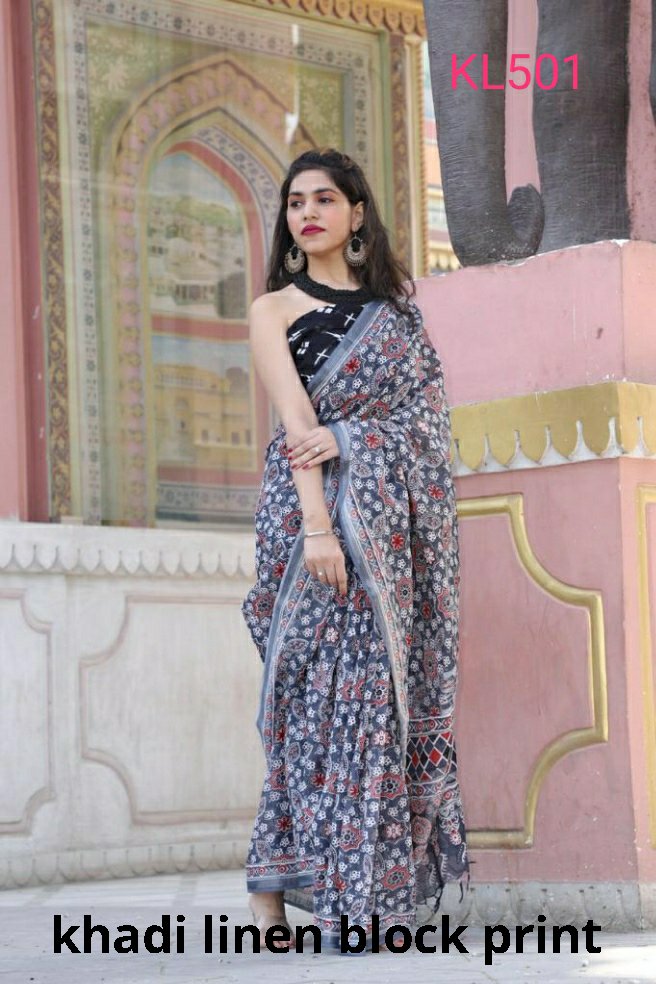 Khadi linen block print saree SILK ZONE