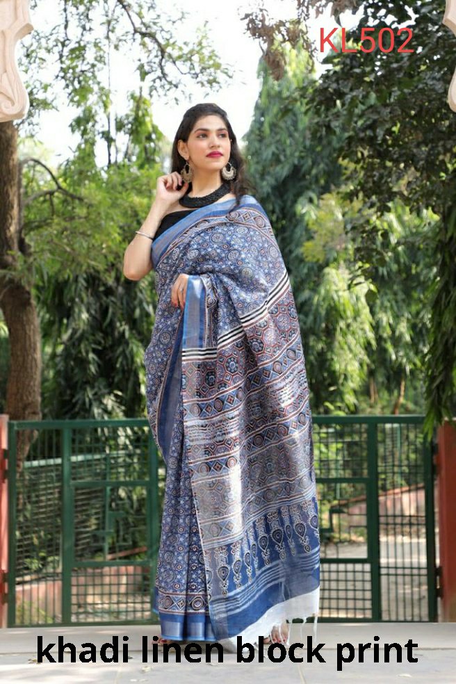 Khadi linen block print saree SILK ZONE